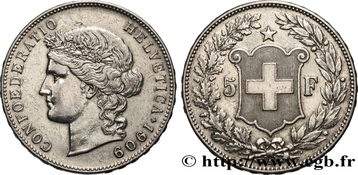 SCHWEIZ 5 Francs Helvetia 1909 Berne SS 