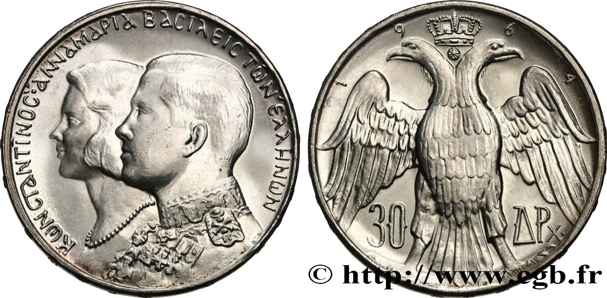 GRÈCE 30 Drachmes mariage royal 1964 Kongsberg, Norvège SPL 