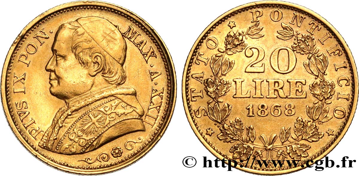 VATICAN AND PAPAL STATES 20 Lire Pie IX an XXII 1868 Rome AU/AU 