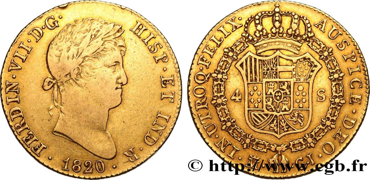 ESPAGNE 4 Escudos Ferdinand VII 1820 Madrid TB+/TTB 