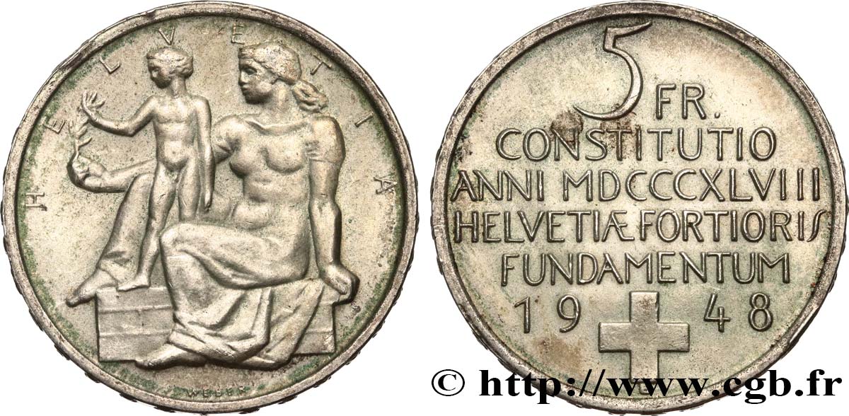 SUISSE 5 Francs centenaire de la constitution suisse 1948 Berne TTB+ 