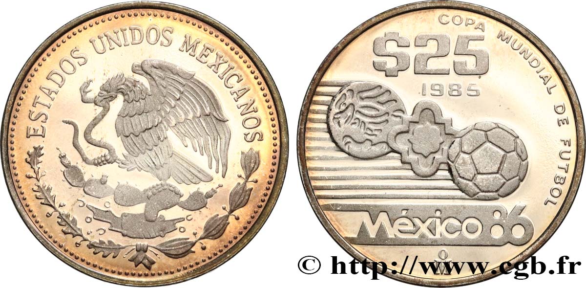 MEXIKO 25 Pesos Proof coupe du Monde de football 1986 1985  fST 