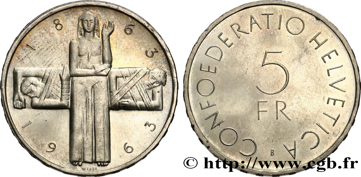 SUIZA 5 Francs centenaire de la Croix Rouge 1963 Berne  SC 