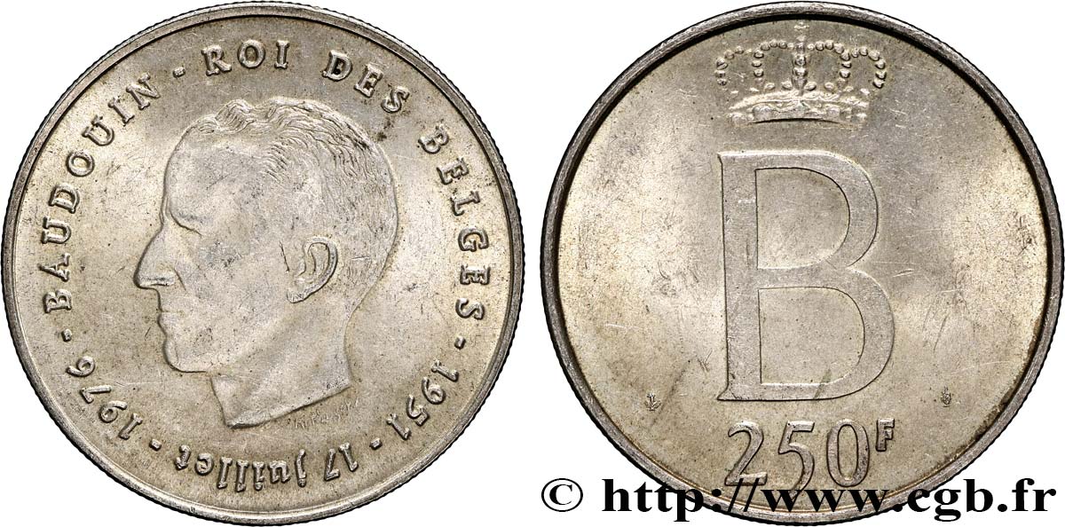 BELGIQUE 250 Francs jubilé d’argent du roi Baudouin légende française 1976 Bruxelles SUP 