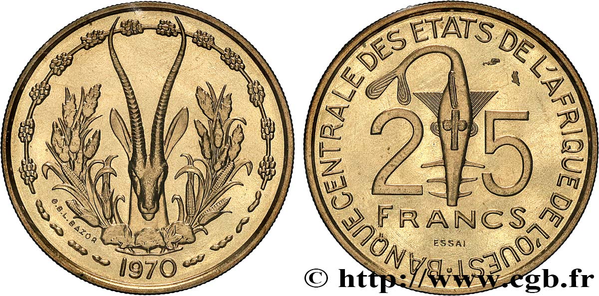 ÉTATS DE L AFRIQUE DE L OUEST (BCEAO) Essai de 25 Francs BCEAO 1970 Paris FDC 