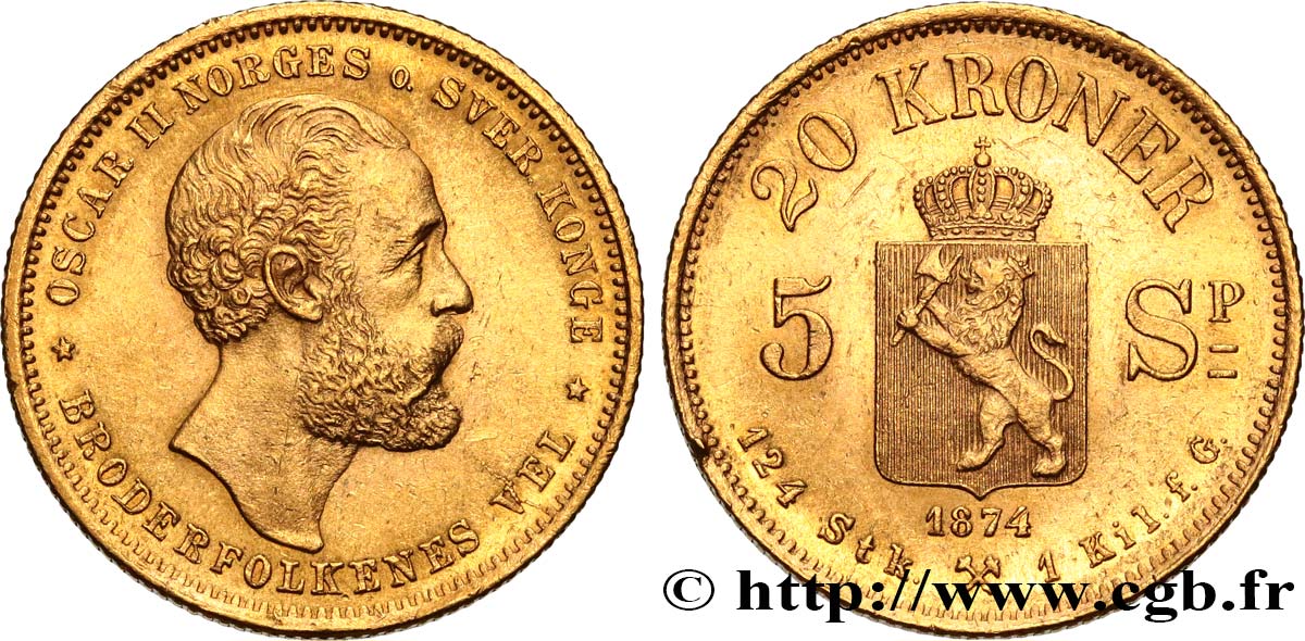 NORVÈGE 20 Kroner Oscar II 1874 Kongsberg SUP 