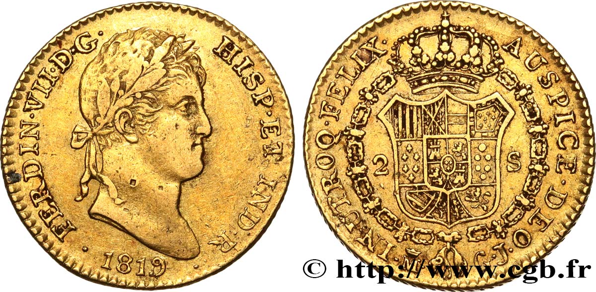 ESPAÑA 2 Escudos Ferdinand VII 1819 Madrid MBC 