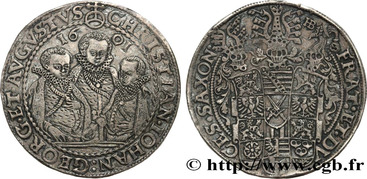 GERMANY - DUCHY OF SAXONY - ALBERTINE LINE - CHRISTIAN II, JOHN-GEORGE AND AUGUSTUS Thaler  1601 Leipzig XF 