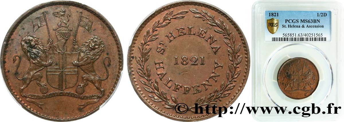 ST. HELENA 1/2 Penny (Half Penny) 1821  fST63 PCGS