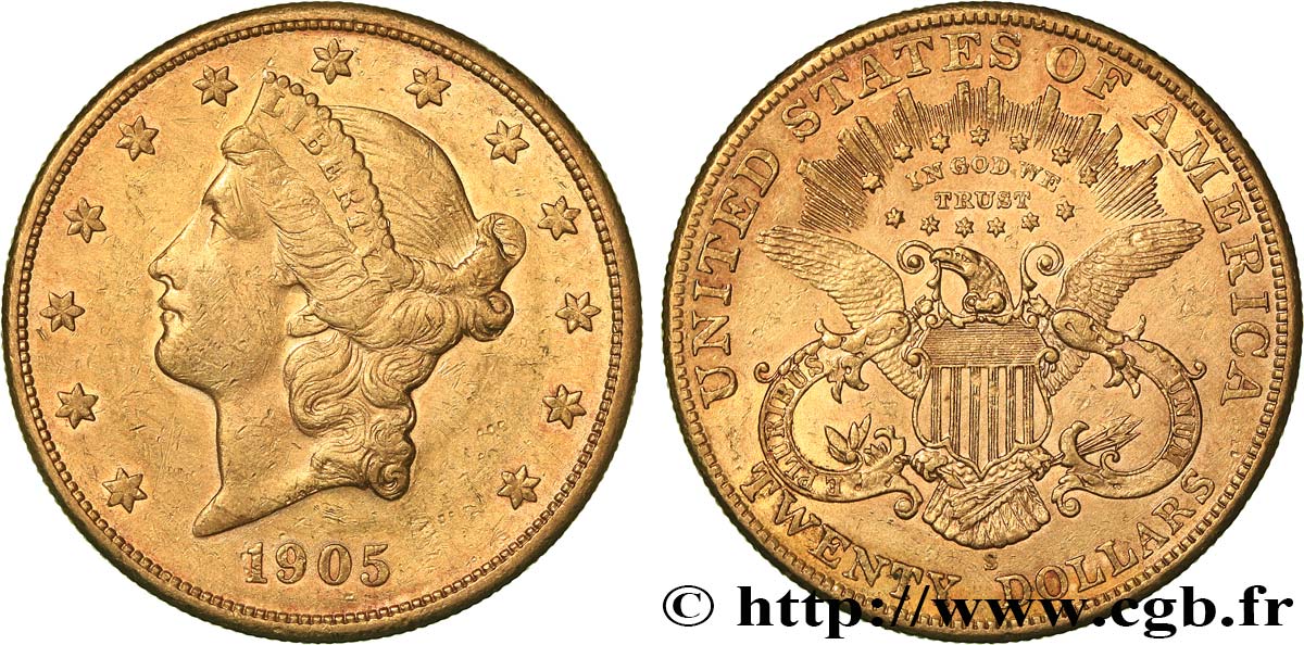 STATI UNITI D AMERICA 20 Dollars or  Liberty  1905 San Francisco BB/q.SPL 