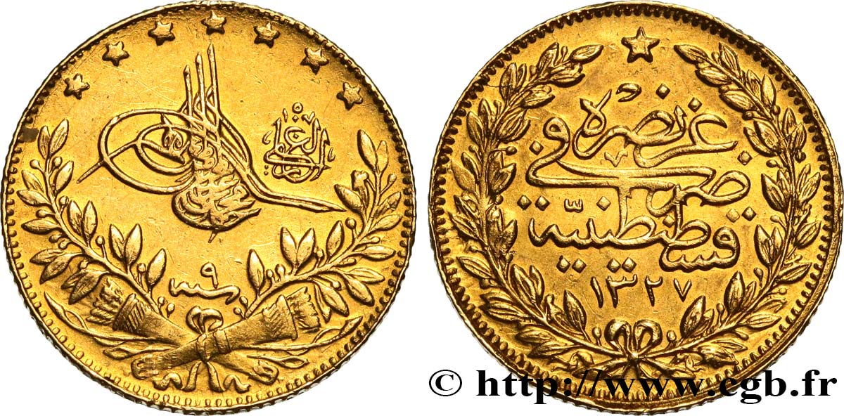 TURKEY 50 Kurush Sultan Mohammed V Resat AH 1327 An 9 (1917) Constantinople XF ANACS