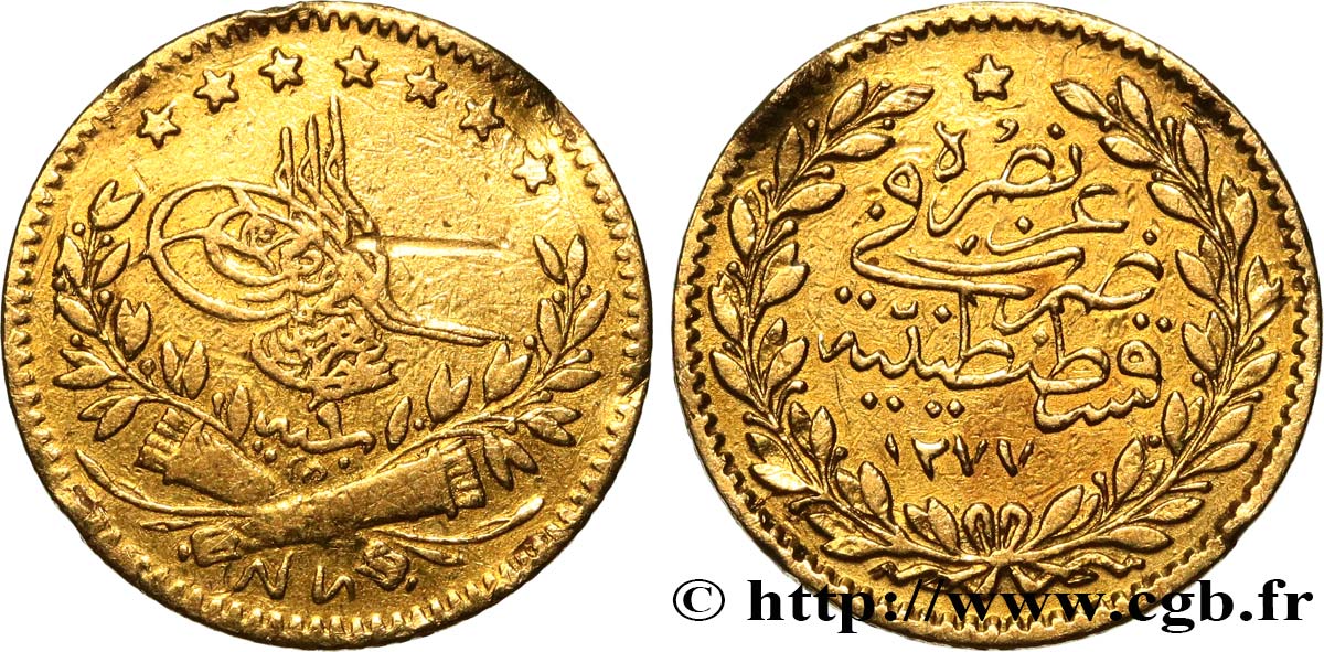 TURKEY 25 Kurush Sultan Abdul Aziz AH 1277 an 9 (1869) Constantinople VF 