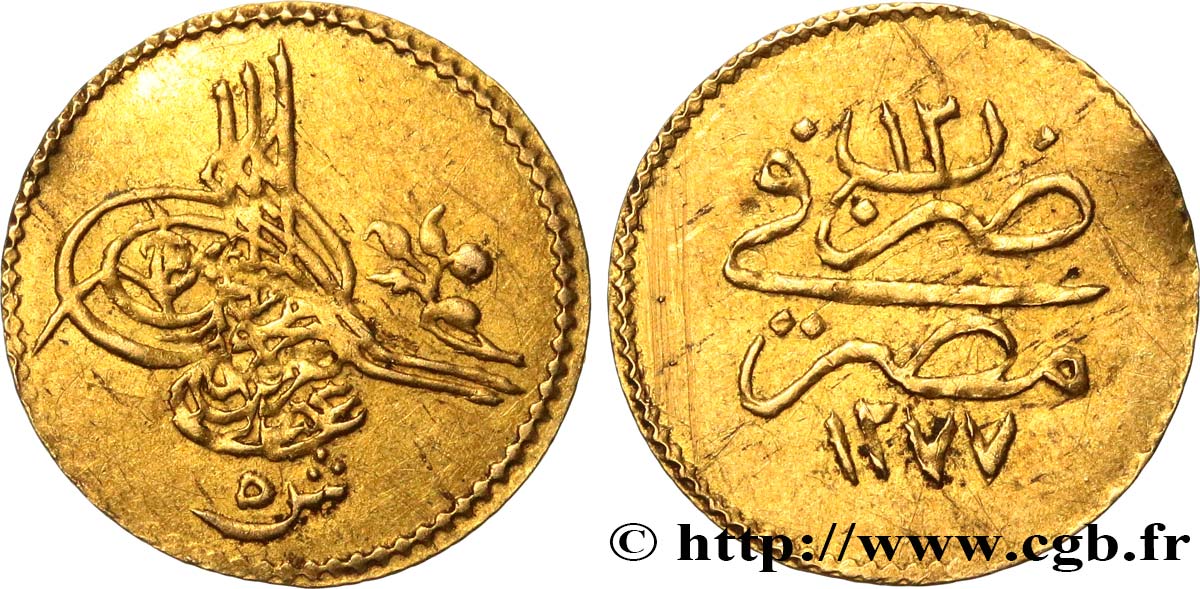 ÉGYPTE 5 Qirsh Abdul Aziz an 1277 an 12 (1871) Misr TTB 