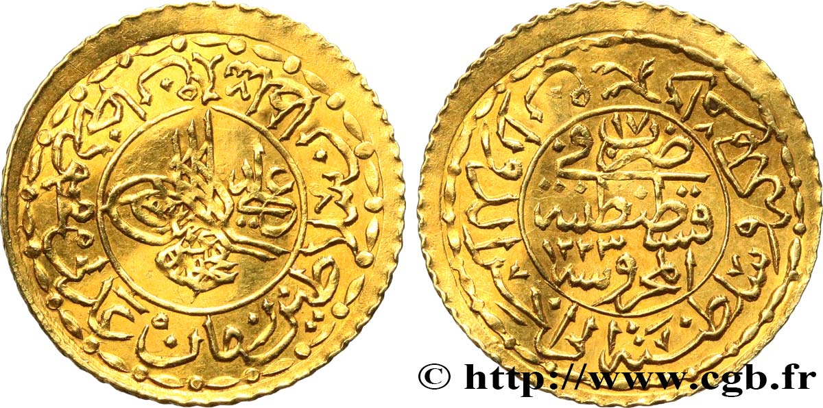 TURKEY 1/2 New Altin Mahmud II AH 1223 an 19 (1826) Constantinople AU 