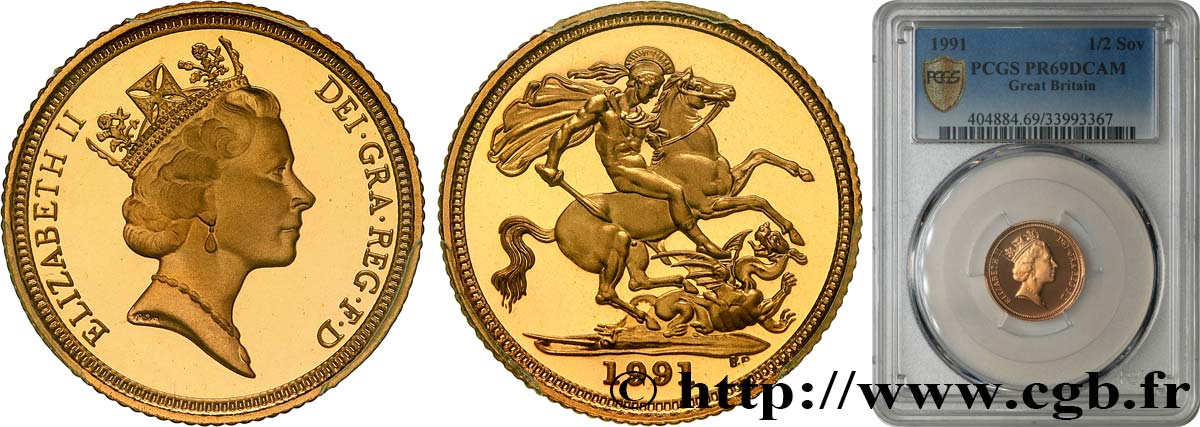 VEREINIGTEN KÖNIGREICH 1/2 Souverain Proof Élisabeth II 1991 Royal Mint, Llantrisant ST69 PCGS