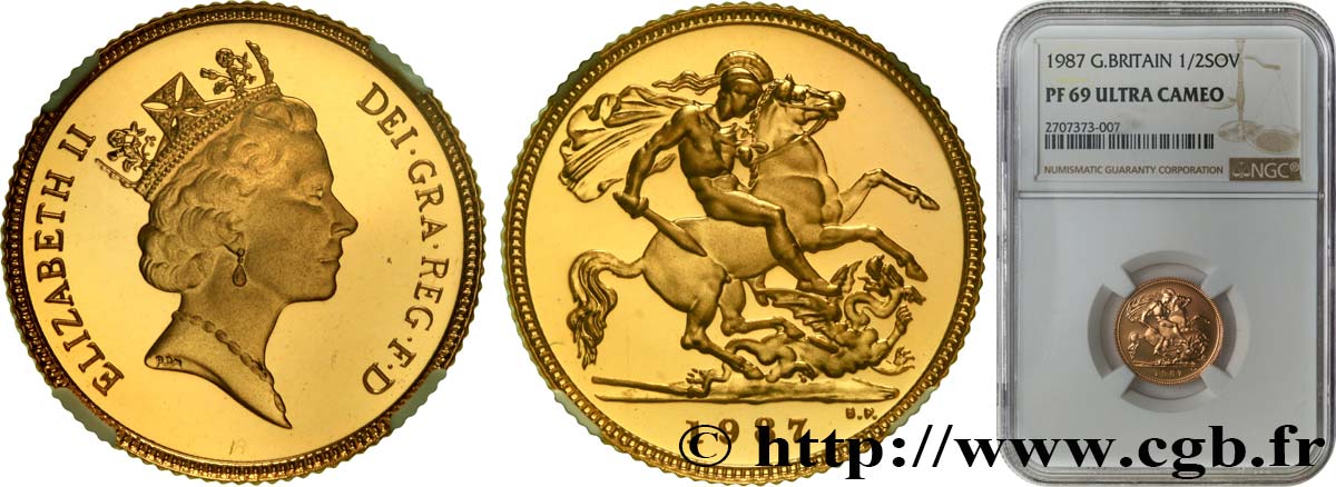 VEREINIGTEN KÖNIGREICH 1/2 Souverain Proof Élisabeth II 1987 Royal Mint, Llantrisant ST69 NGC