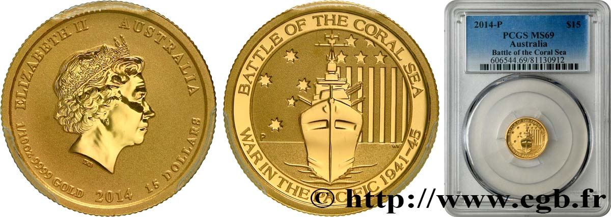 AUSTRALIE 15 Dollars (1/10 Once) Bataille de la mer de corail 2014 Perth FDC69 PCGS