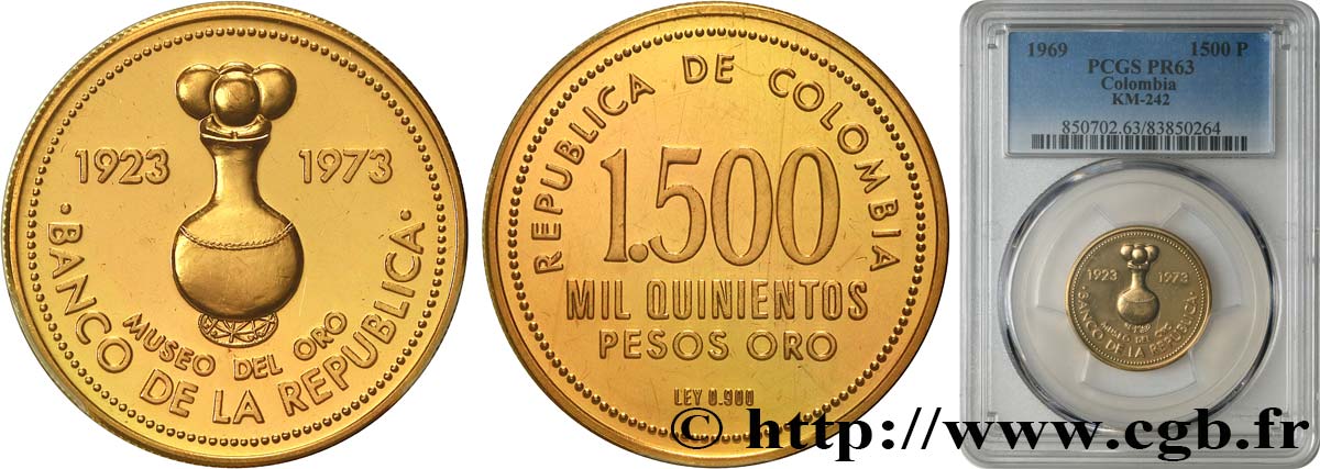 COLOMBIA 1500 Pesos Proof Cinquantenaire du musée de l or de Bogota 1973  SC63 PCGS