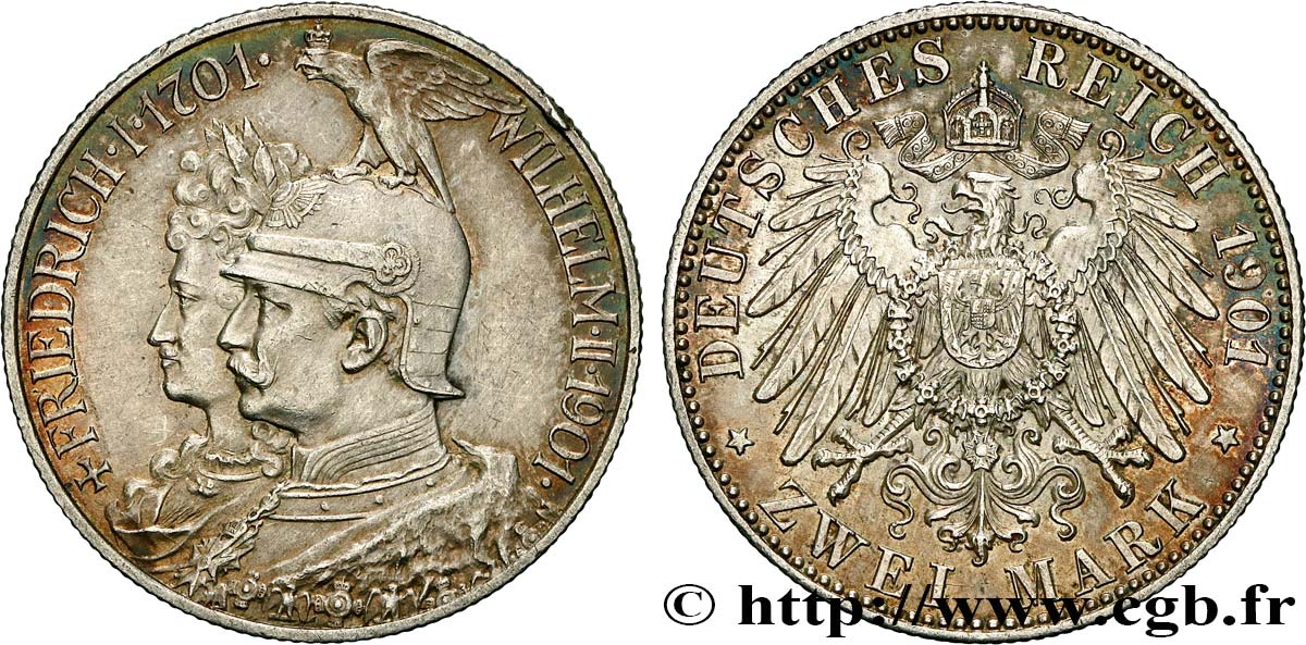 ALLEMAGNE - PRUSSE 2 Mark Guillaume II 200e anniversaire de la Prusse 1901 Berlin TTB+/SUP 