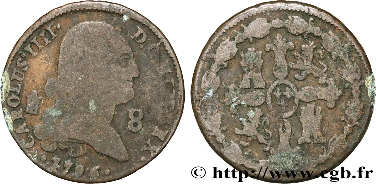 ESPAGNE 8 Maravedis Charles IIII 1796 Ségovie TB 