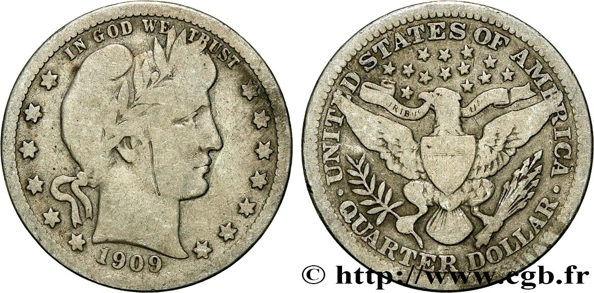 VEREINIGTE STAATEN VON AMERIKA 1/4 Dollar Barber 1909 Philadelphie fS 