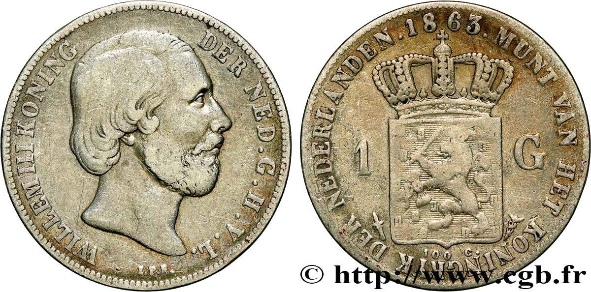 NETHERLANDS 1 Gulden Guillaume III 1863 Utrecht XF 