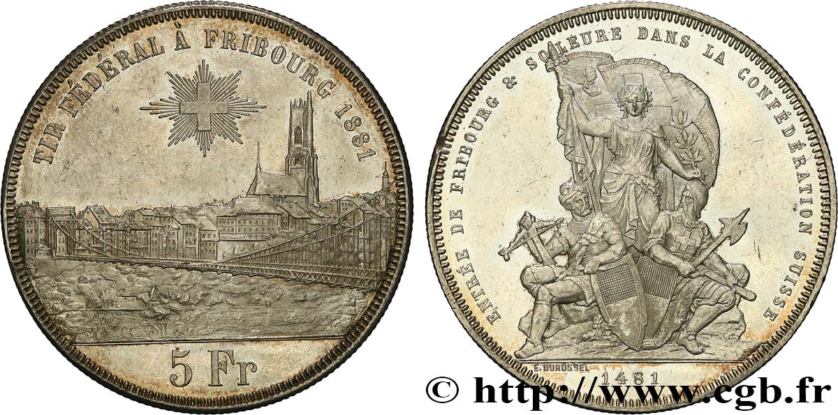 SVIZZERA  5 Francs, monnaie de Tir, Fribourg 1881  SPL 