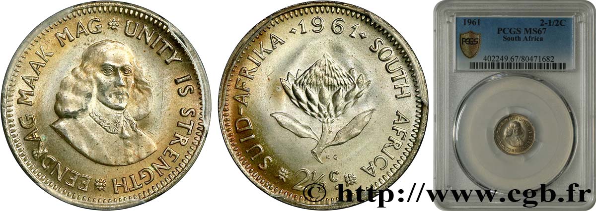 SOUTH AFRICA 2 1/2 Cents Jan Van Riebeeck 1961 Pretoria MS67 PCGS