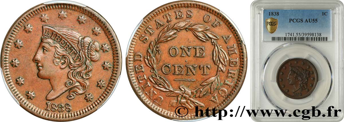 VEREINIGTE STAATEN VON AMERIKA 1 Cent Liberté “Matron Head” 1838 Philadelphie VZ55 PCGS