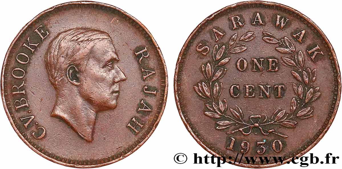 SARAWAK 1 Cent Sarawak Rajah C.V. Brooke 1930 Heaton AU 