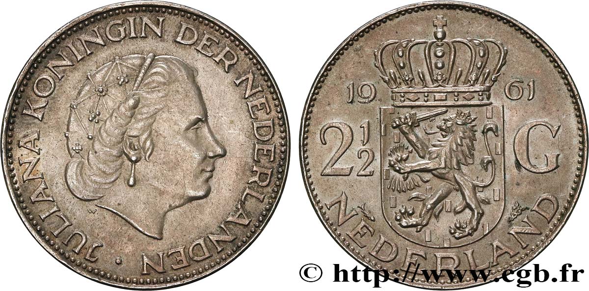 NETHERLANDS 2 1/2 Gulden Juliana 1961 Utrecht AU/MS 