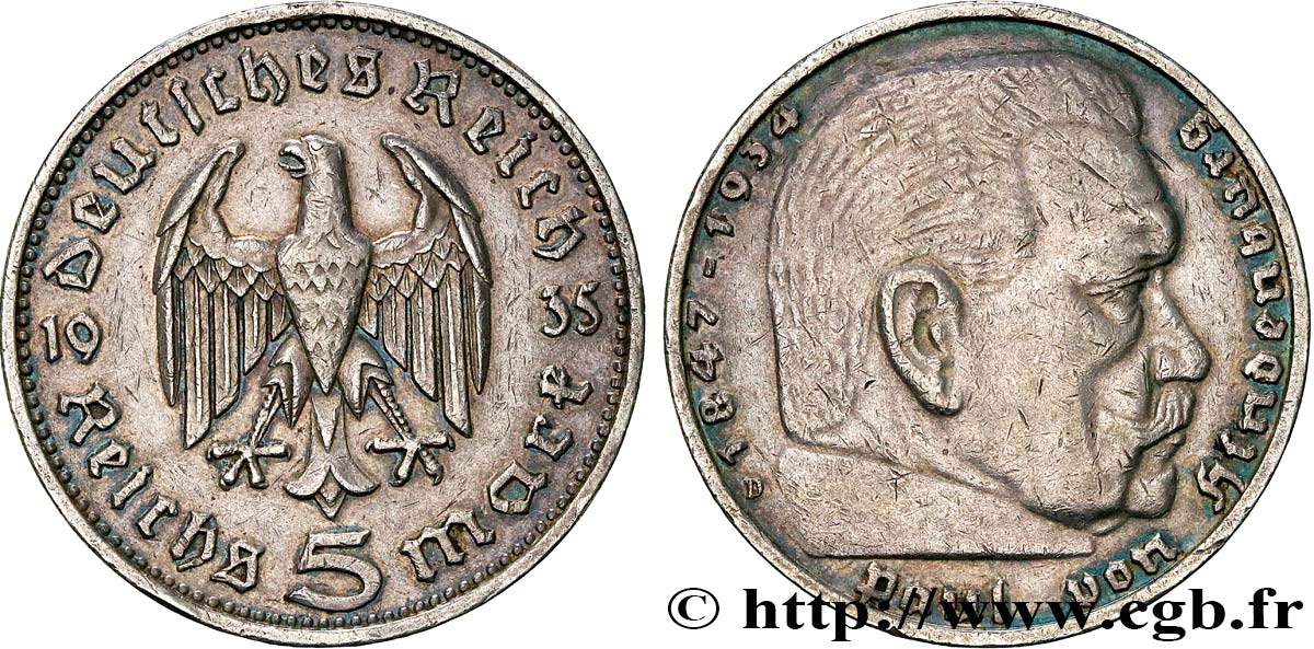 ALLEMAGNE 5 Reichsmark Maréchal Paul von Hindenburg 1935 Munich TTB+ 