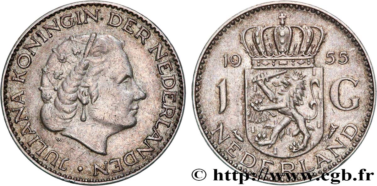 NETHERLANDS 1 Gulden Juliana 1955  AU 