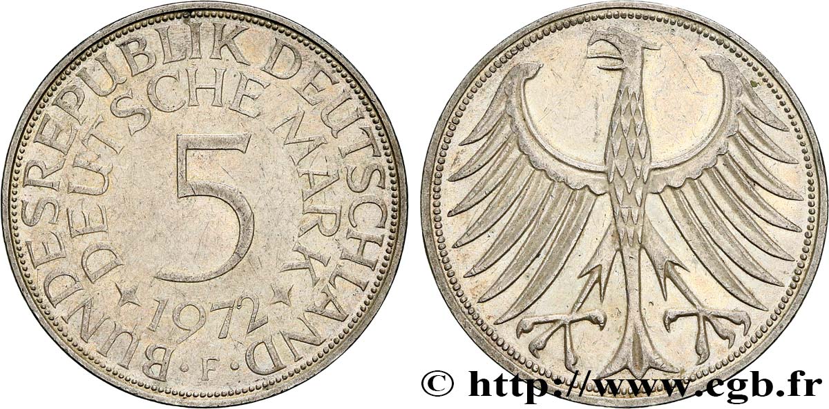 DEUTSCHLAND 5 Mark aigle 1972 Stuttgart VZ 