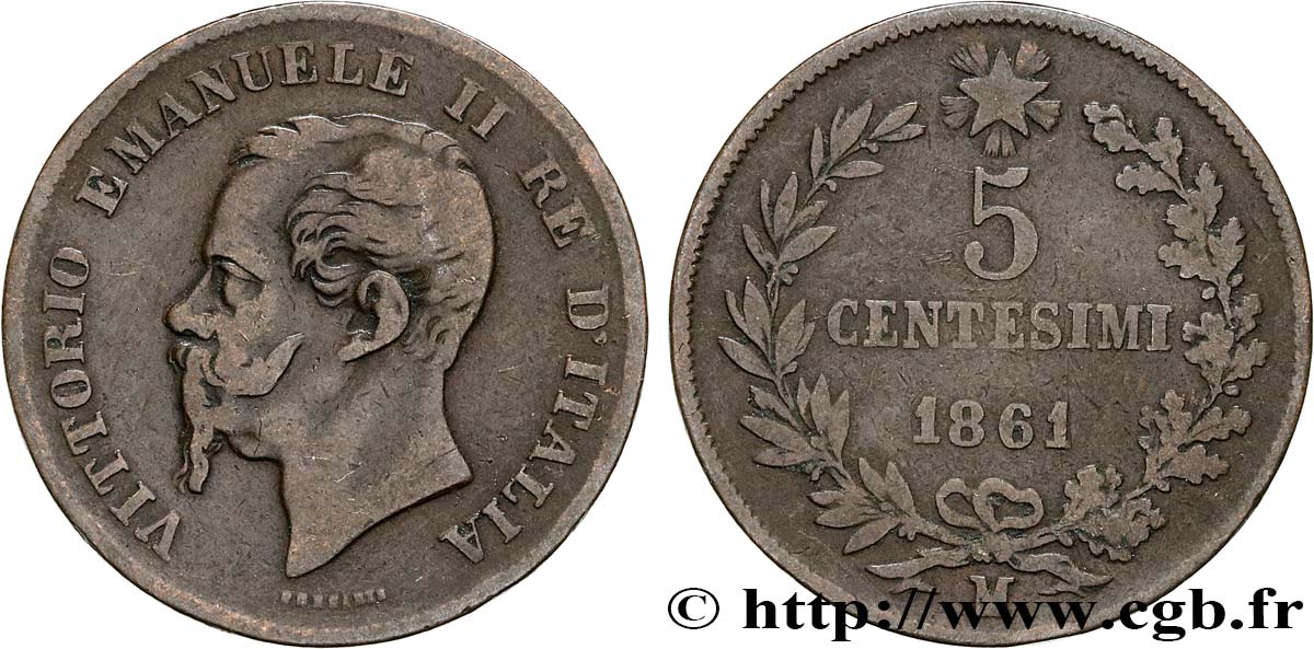 ITALIE 5 Centesimi Victor Emmanuel II 1861 Milan TB+ 