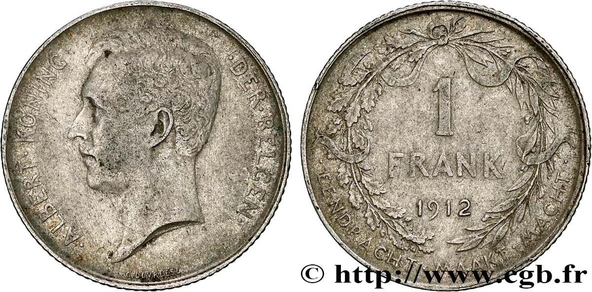 BELGIQUE 1 Frank (Franc) Albert Ier légende flamande 1912  TB 