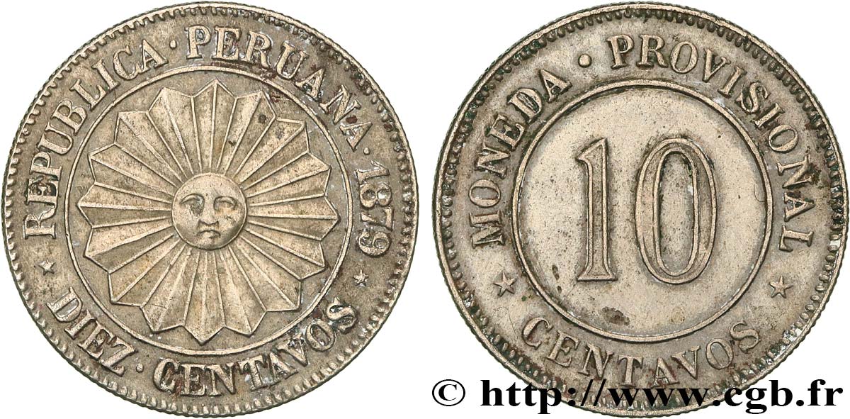 PÉROU 10 Centavos Soleil, monnayage provisoire 1879  TTB+ 