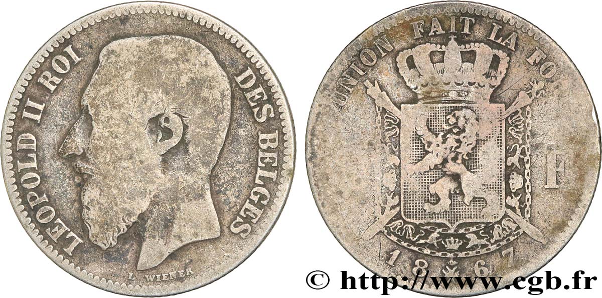 BELGIQUE 2 Francs Léopold II légende française 1867  TB 