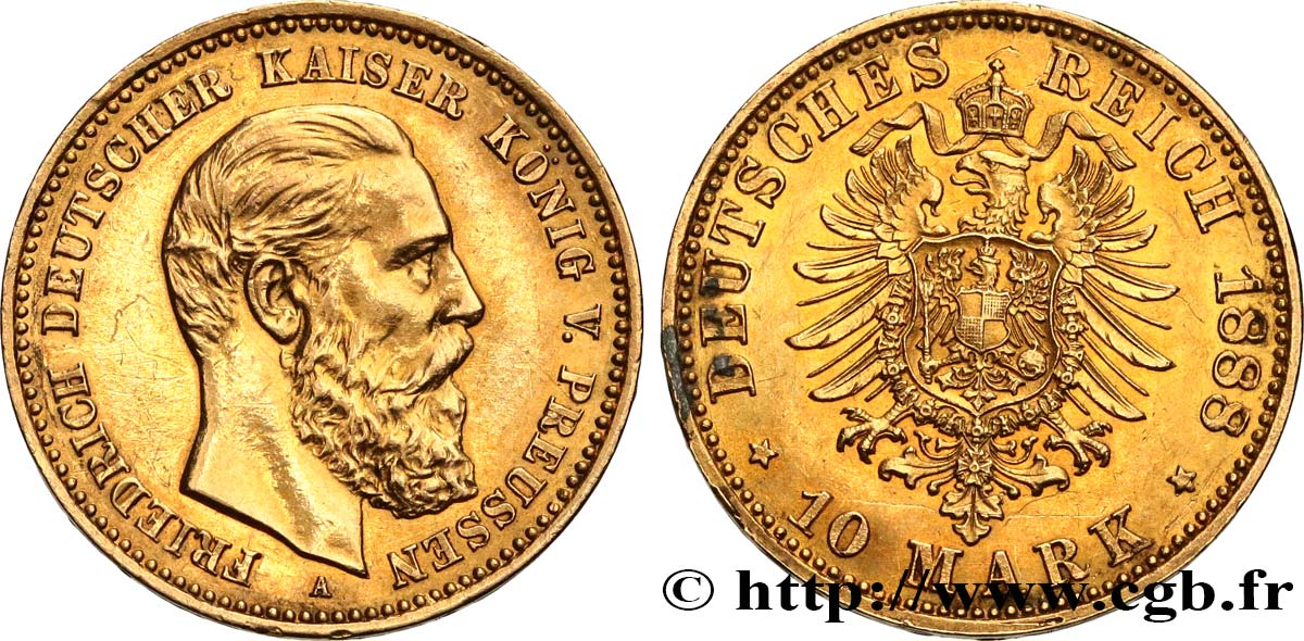 GERMANY - PRUSSIA 10 Mark Frédéric III  1888 Berlin AU 