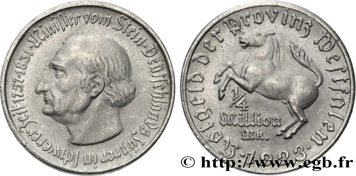 ALLEMAGNE 1/4 Million de Mark  Westphalie vom Stein 1923  SUP 