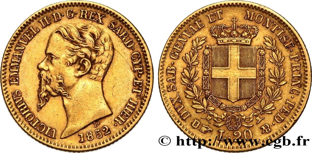 ITALY - KINGDOM OF SARDINIA 20 Lire Victor Emmanuel II 1852 Turin XF 