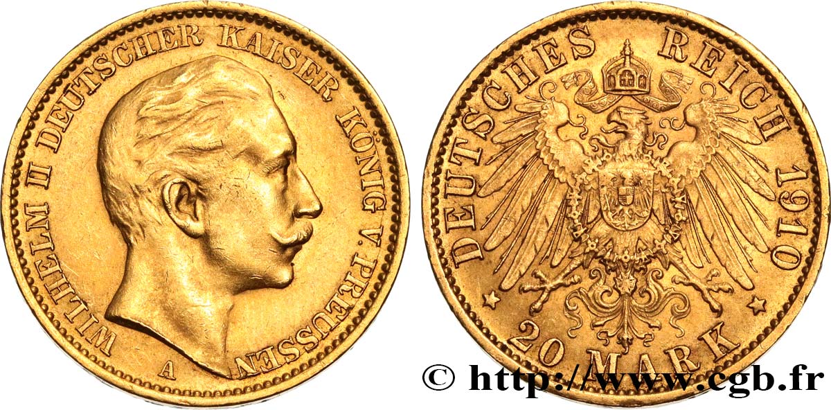 GERMANY - PRUSSIA 20 Mark Guillaume II 1910 Berlin AU 