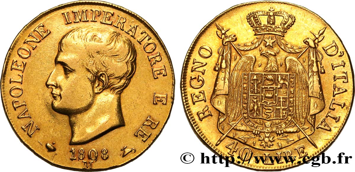 ITALY - KINGDOM OF ITALY - NAPOLEON I 40 Lire 1808 Milan VF/AU 