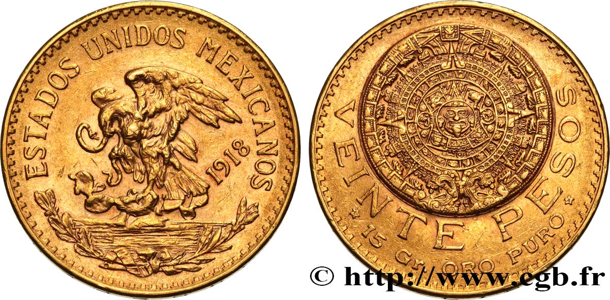 MEXIKO 20 Pesos “Pierre du Soleil” (calendrier aztèque) 1918 Mexico VZ/fVZ 
