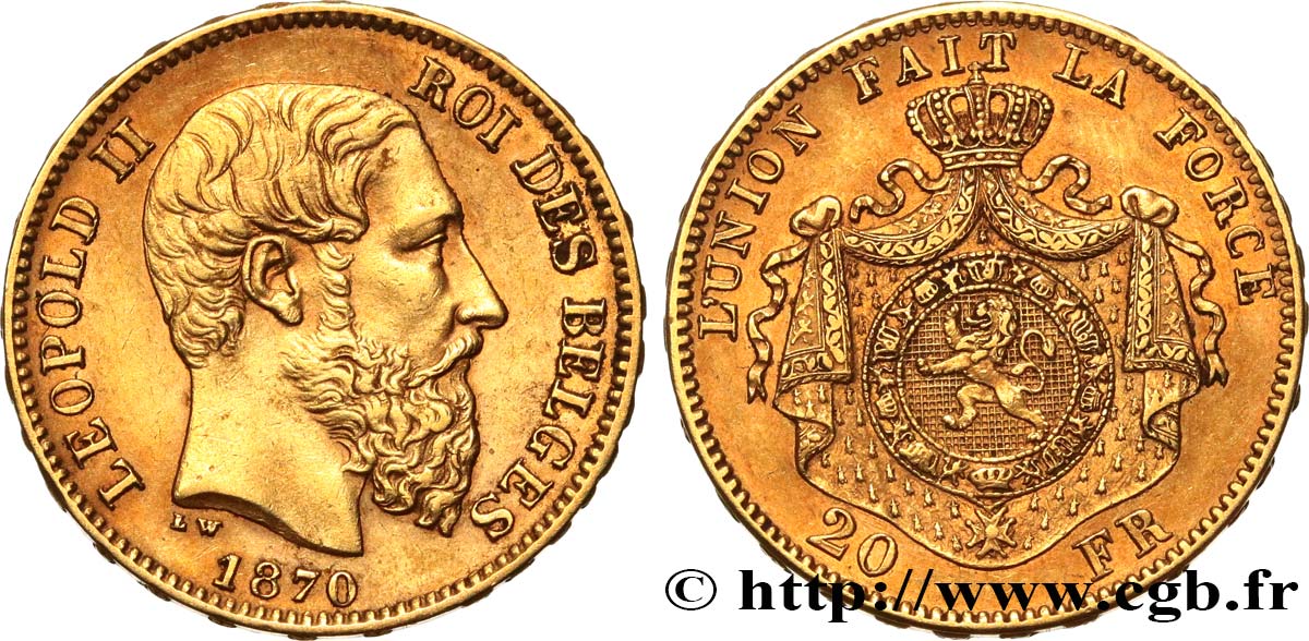 BÉLGICA 20 Francs Léopold II 1870 Bruxelles MBC+ 