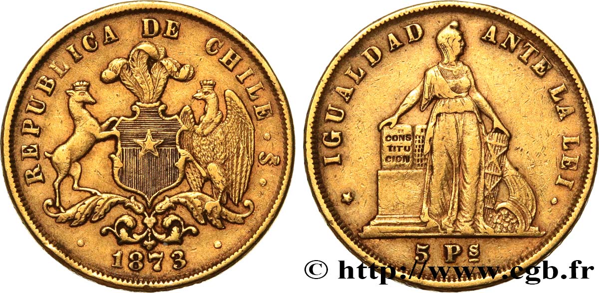 CHILE 5 Pesos 1873 Santiago AU 