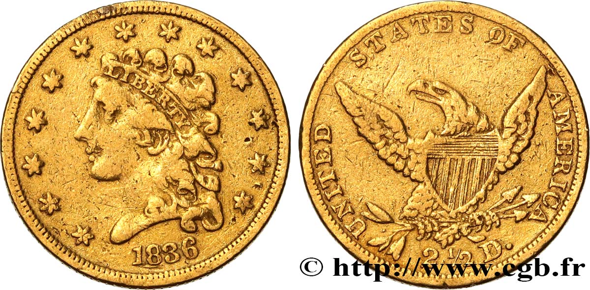 UNITED STATES OF AMERICA 2 1/2 Dollars 1836 Philadelphie VF 