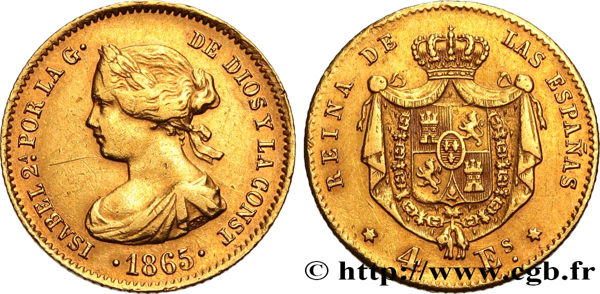 ESPAÑA 4 Escudos Isabelle II 1865 Madrid MBC 