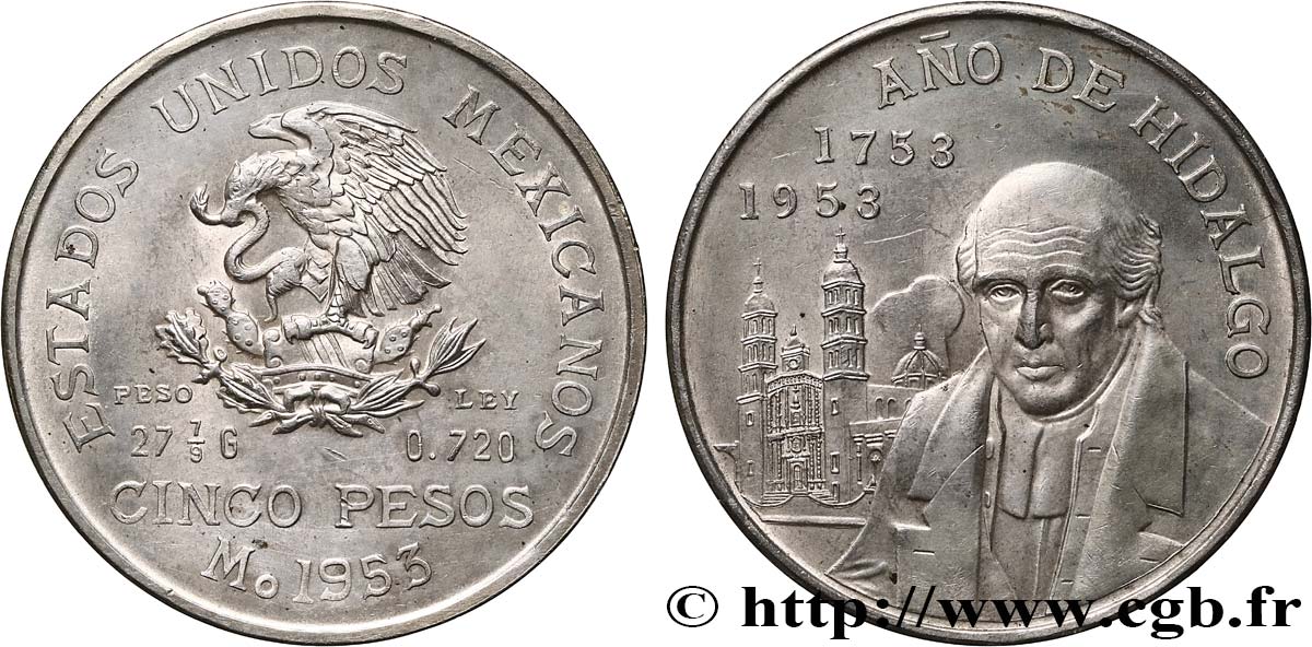 MEXIKO 5 Pesos Bicentenaire de la naissance d’Hidalgo 1953 Mexico VZ 