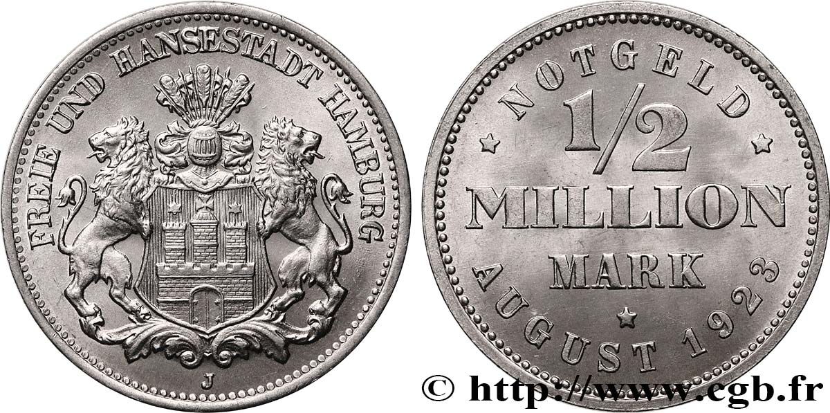 ALLEMAGNE - VILLE LIBRE DE HAMBOURG 1/2 Million de Mark 1923 Hambourg SPL 